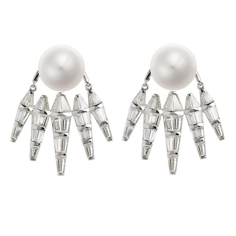 Nikos Koulis ear jackets in white gold with white pearls and baguette diamonds, from the Spectrum collection.